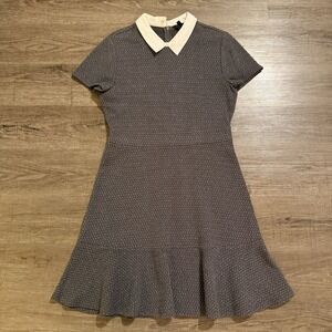 BCBG Maxazria Dress Gray Shimmer White Collar Coquette Ruffle Trim M